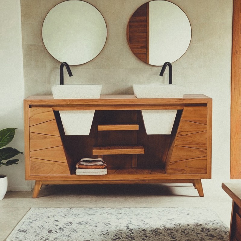 Meuble de salle de bain en bois massif de teck et double vasques en terrazzo blanc - Meera