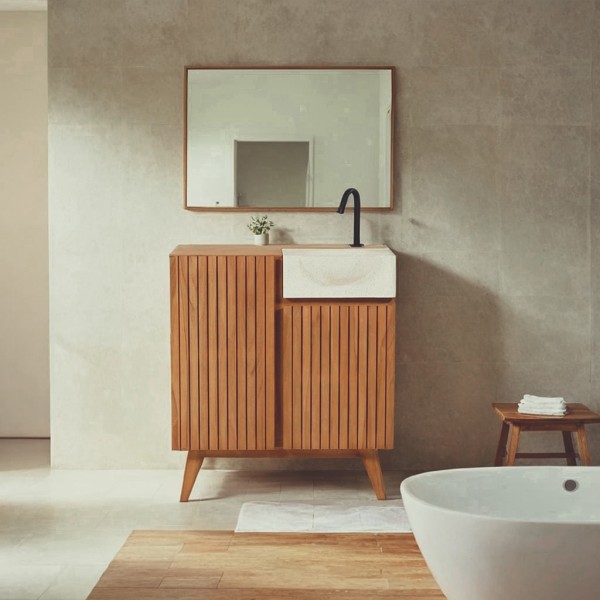 Meuble lave-mains en bois de teck massif et vasque en terrazzo blanc - Neela