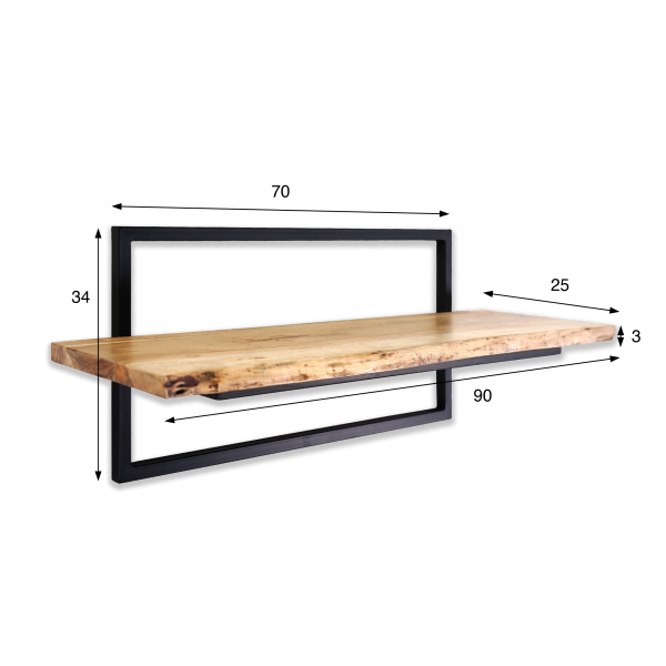 Etagère murale 90 cm avec plateau en bois massif à bord naturel