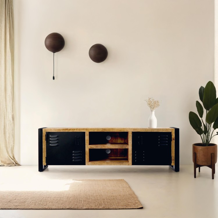 Meuble TV 160 cm en bois massif et métal - Kansas