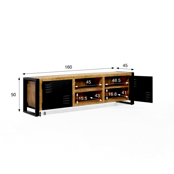 Meuble TV 160 cm en bois massif et métal - Kansas