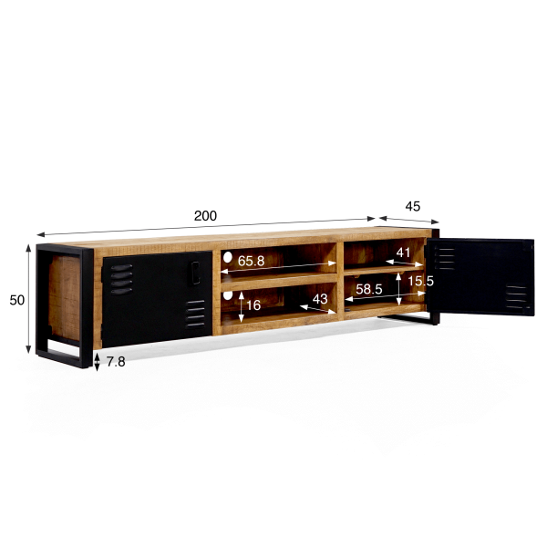 Meuble TV 200 cm en bois massif et métal  - Kansas