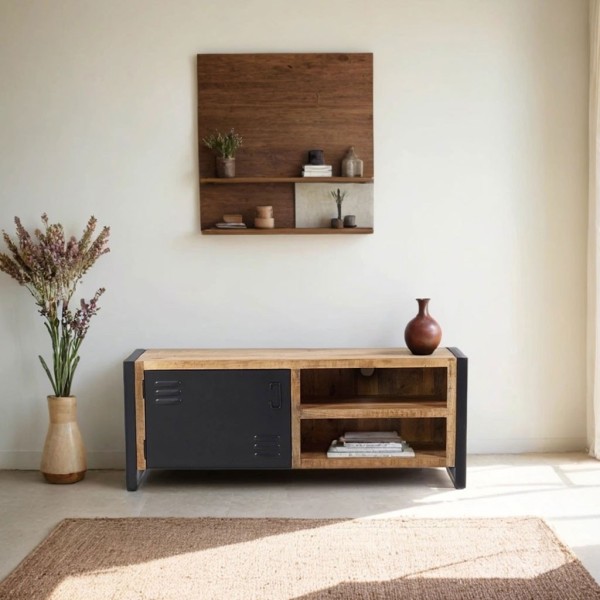 Petit meuble industriel 130 cm en bois massif avec porte en métal noir - Kansas