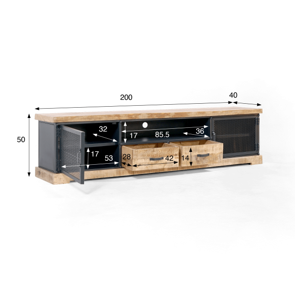 Meuble TV 200 cm en bois massif et métal  - Cambridge