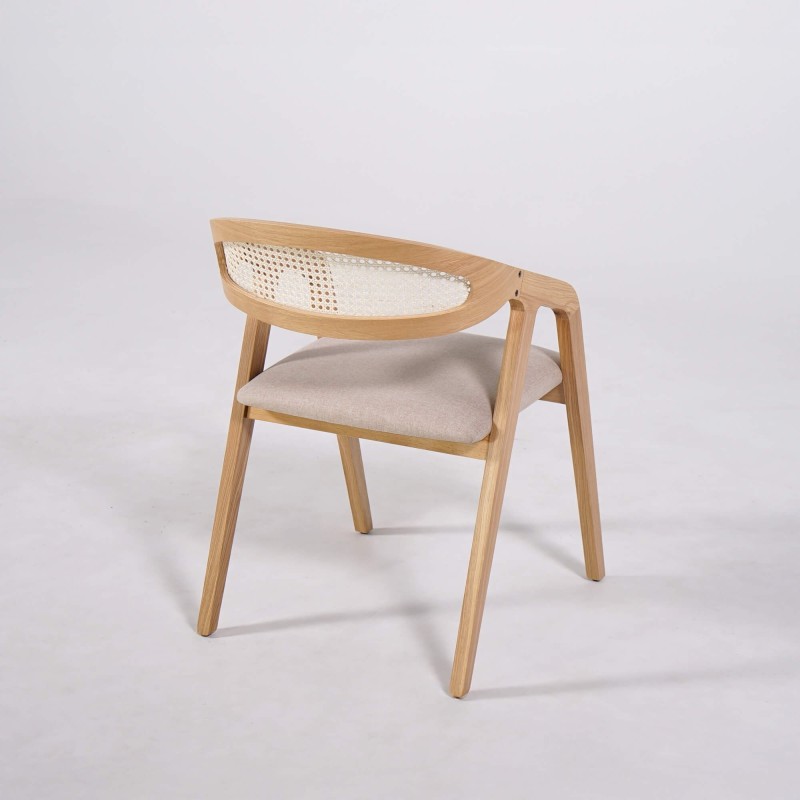 Chaise de salle à manger avec dossier en cannage et tissu blanc - Seren
