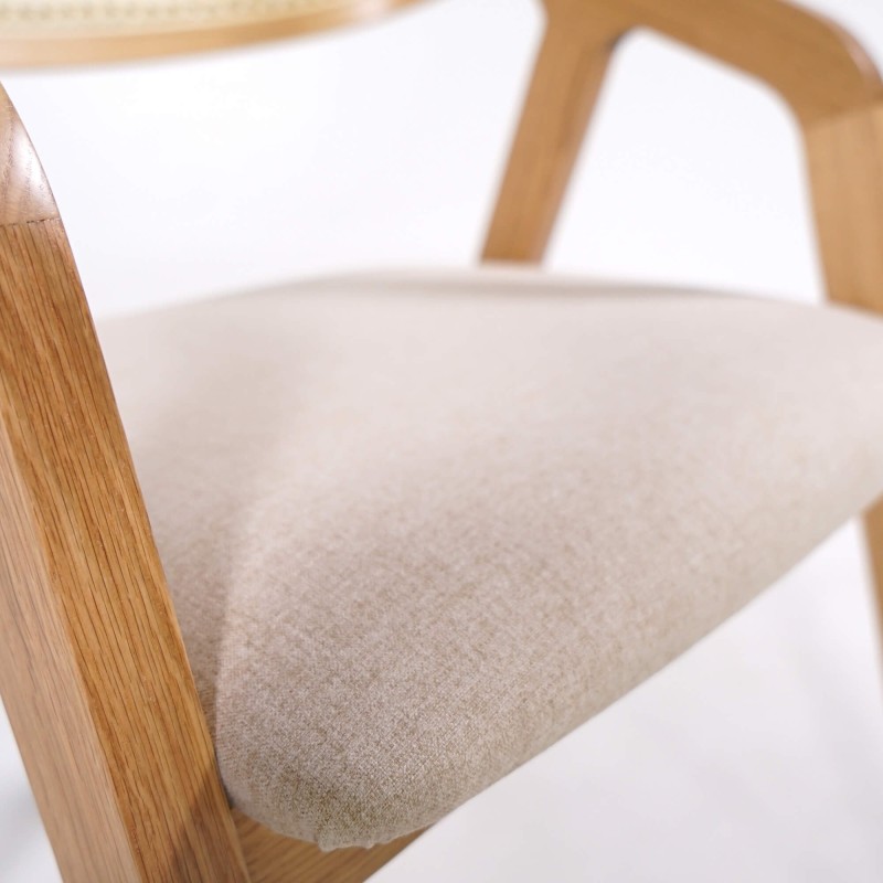 Chaise de salle à manger avec dossier en cannage et tissu blanc - Seren