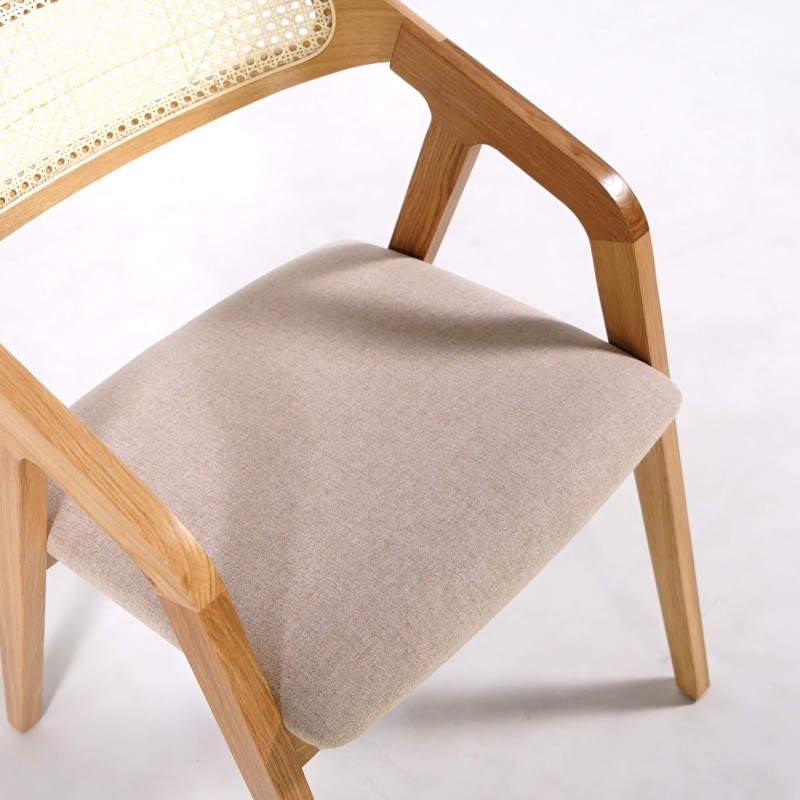 Chaise de salle à manger avec dossier en cannage et tissu blanc - Seren