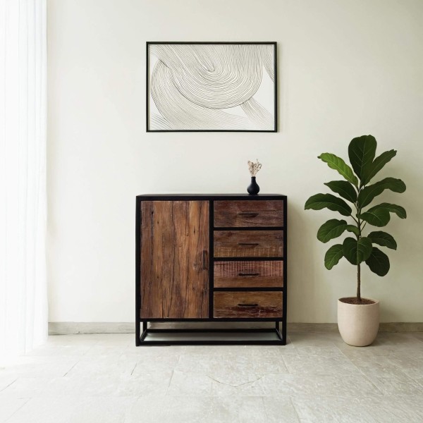 Petit buffet industriel en bois recyclé 1 porte - Recycled