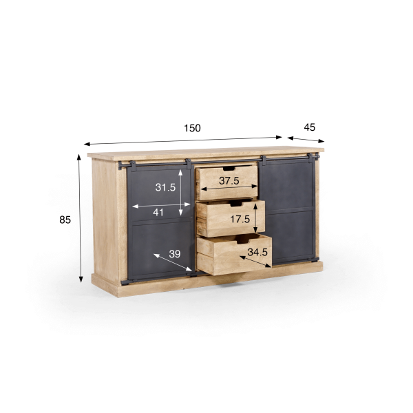 Buffet style industriel​ en bois massif et métal 150 cm - Detroit