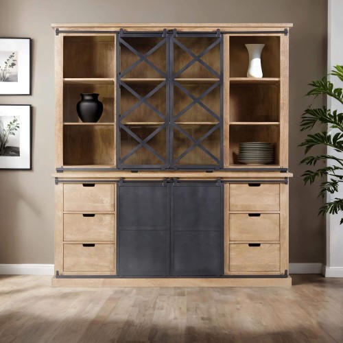Vaisselier en bois massif de style industriel 180 cm - Detroit
