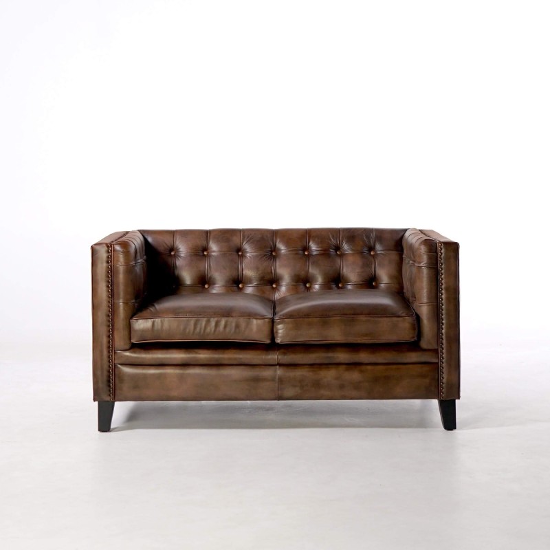 Canapé capitonné en cuir de buffle Chesterfield 2 places - Charles