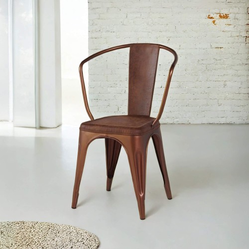 Chaise industrielle cuir et cuivre avec accoudoirs