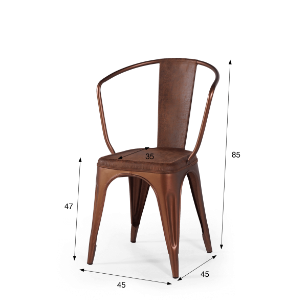 Chaise industrielle cuir et cuivre avec accoudoirs