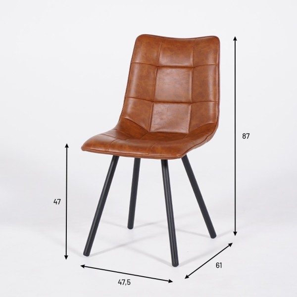 Chaise de salle à manger en cuir synthétique marron et pieds en métal noir - Velvia
