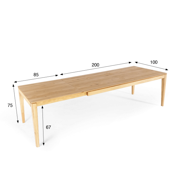Table à manger en bois de chêne 200 x 100 cm avec allonge 85 cm