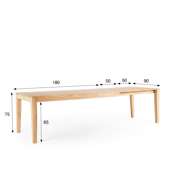 Table à manger en bois de chêne 180 x 90 cm avec allonges de 2 x 50 cm