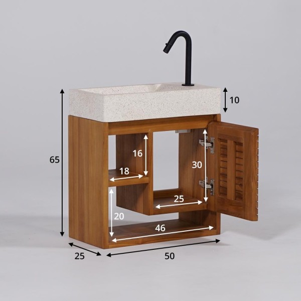 Meuble lave-mains suspendu en bois de teck massif et vasque en terrazzo blanc - Balamani