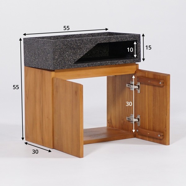 Meuble lave-mains suspendu en bois de teck massif et vasque en terrazzo noir - Tanja