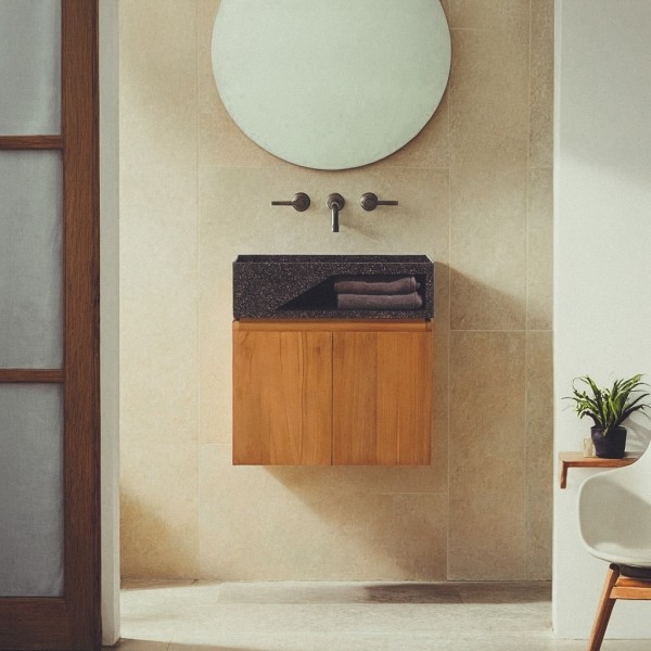 Meuble lave-mains suspendu en bois de teck massif et vasque en terrazzo noir - Tanja