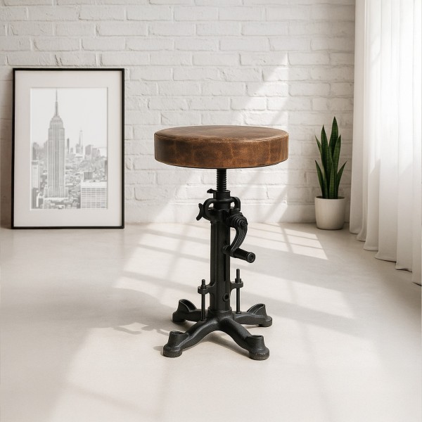 Tabouret industriel réhaussable à manivelle avec assise en cuir synthétique