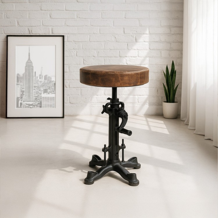 Tabouret industriel réhaussable à manivelle avec assise en cuir synthétique