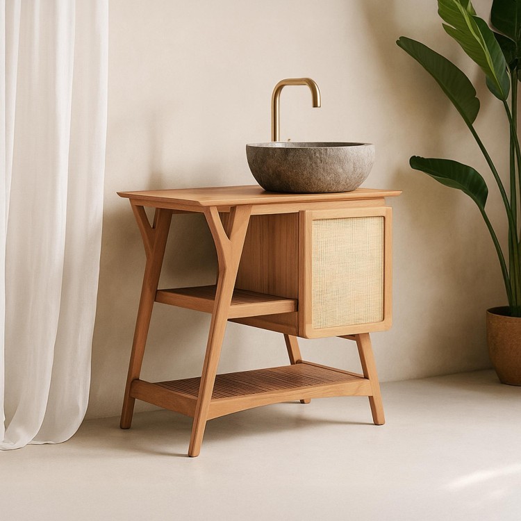 Meuble de salle de bain bois teck massif simple vasque 80 cm - Kalindi Meuble de salle de bain bois teck massif simple vasque 80 cm - Kalindi