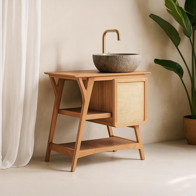 Meuble de salle de bain bois teck massif simple vasque 80 cm - Kalindi Meuble de salle de bain bois teck massif simple vasque 80 cm - Kalindi