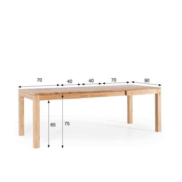Table à manger en bois de chêne 140 x 90 cm avec allonges de 2 x 40 cm