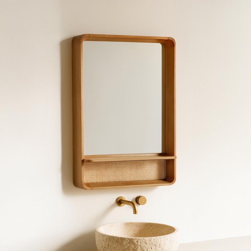 Miroir rectangulaire en bois de teck et cannage
