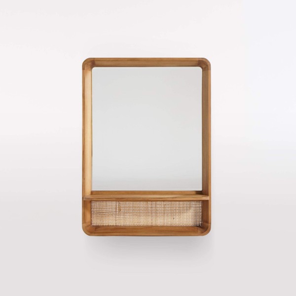 Miroir rectangulaire en bois de teck et cannage