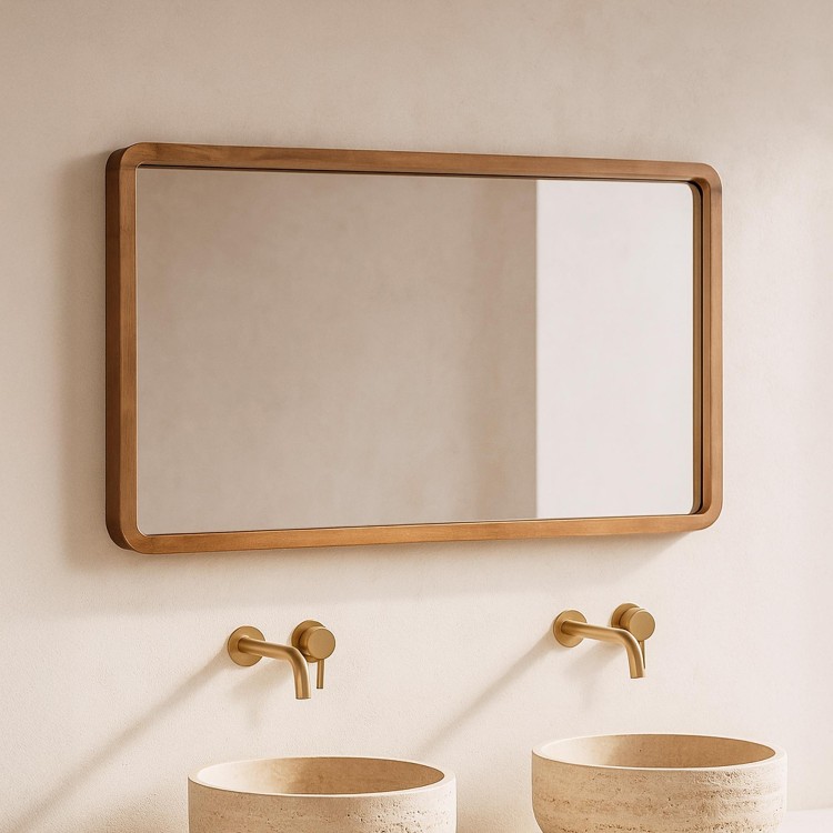 Miroir de salle de bain 120 x 70 cm avec bord en bois de teck - Devika