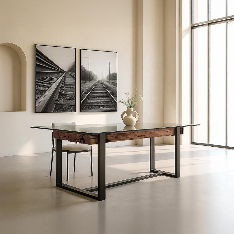 Table à manger rectangulaire en verre et traverses de chemin de fer - Railwood