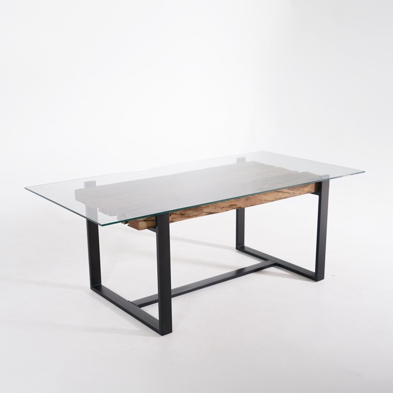 Table à manger rectangulaire en verre et traverses de chemin de fer - Railwood