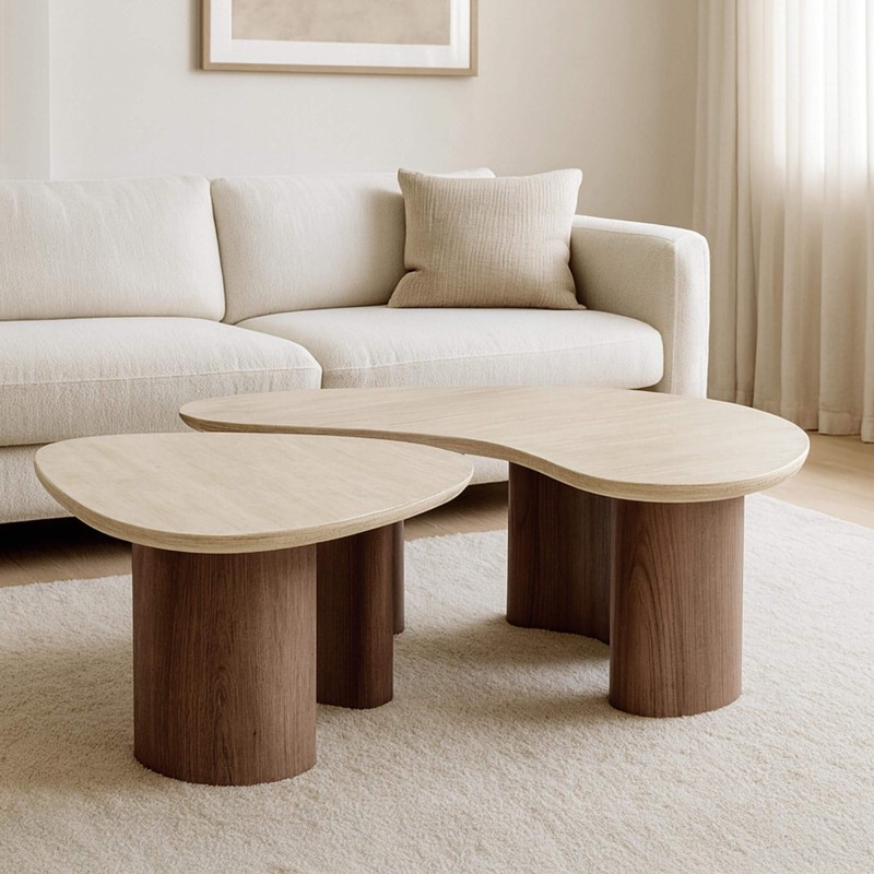 Table basse design en bois et plateau en céramique marbre travertin - Tavola