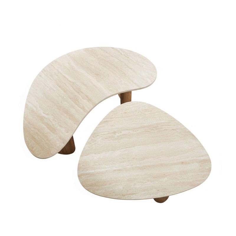 Table basse design en bois et plateau en céramique marbre travertin - Tavola