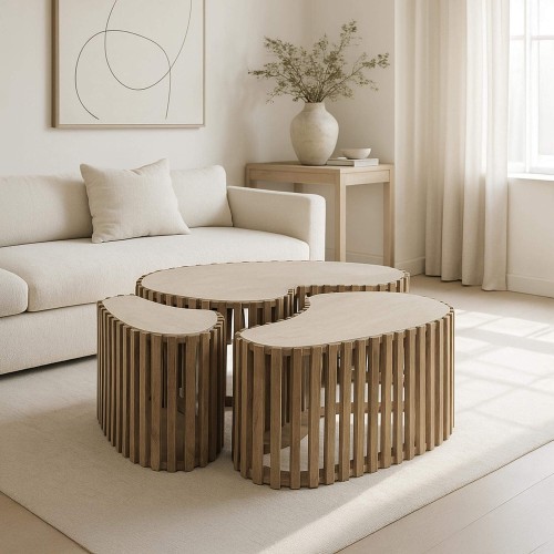 Table basse demi-ronde en bois de manguier massif (lot de 3) - Nuovo