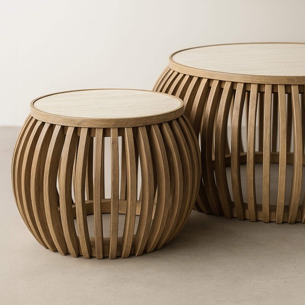 Lot de 2 tables basses rondes en bois de manguier plateau céramique - Nuovo