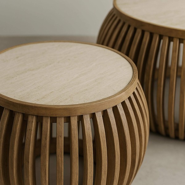 Lot de 2 tables basses rondes en bois de manguier plateau céramique - Nuovo