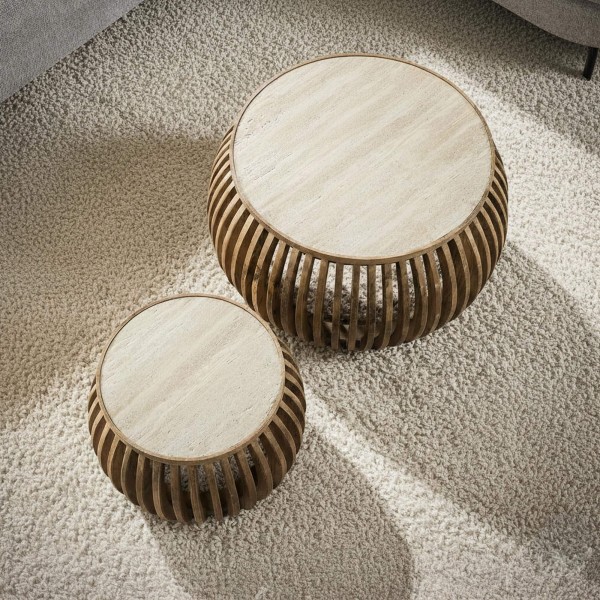 Lot de 2 tables basses rondes en bois de manguier plateau céramique - Nuovo