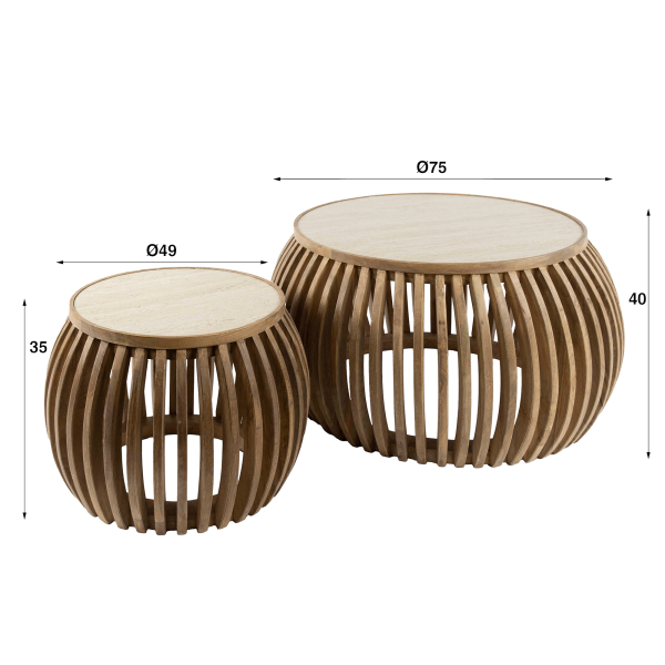 Lot de 2 tables basses rondes en bois de manguier plateau céramique - Nuovo