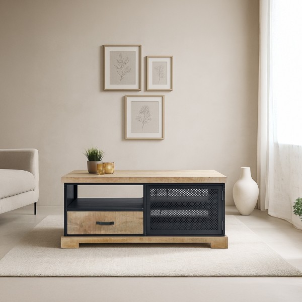 Table de salon style industrielle en bois massif et métal - Cambridge