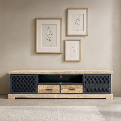Meuble TV 200 cm en bois massif et métal  - Cambridge
