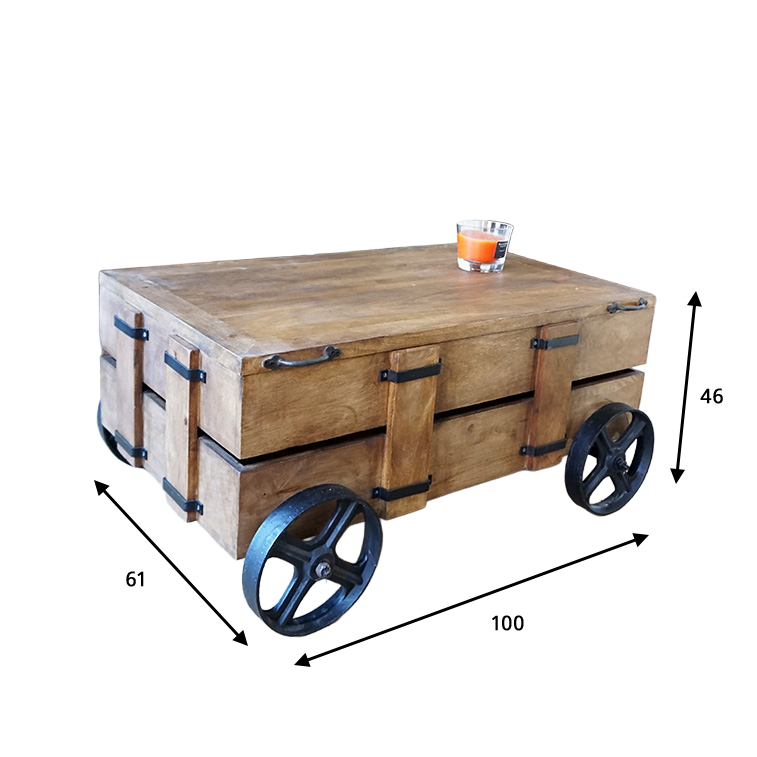 Table basse en bois massif et roulettes en métal avec coffre de rangement