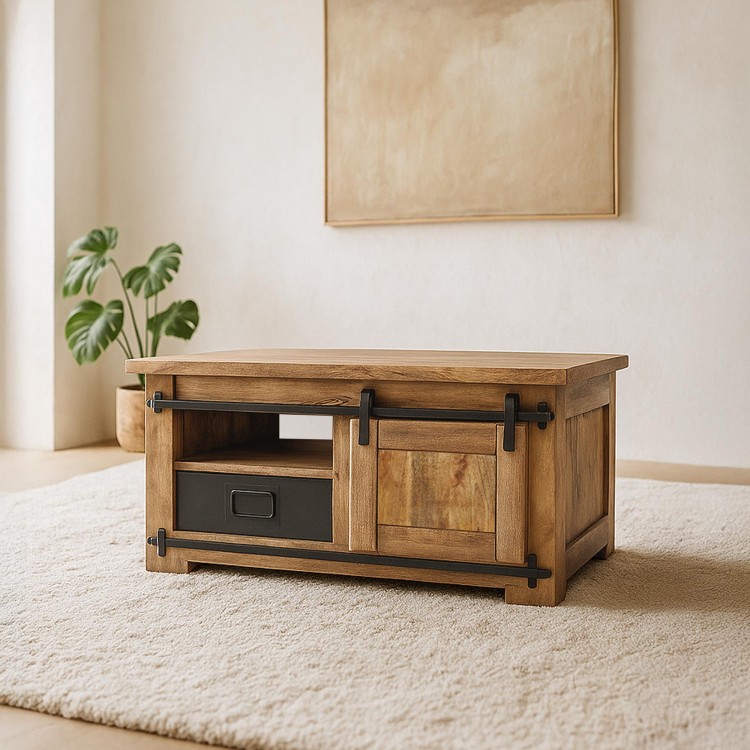 Table basse industrielle bois massif de manguier et métal - Paris