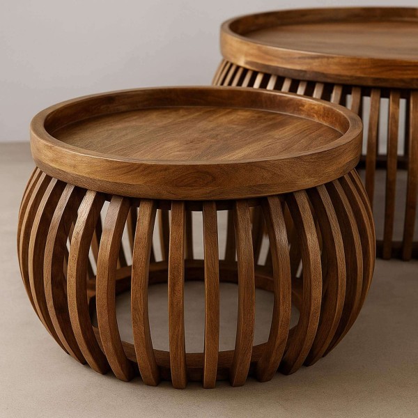 Lot de 2 tables basses rondes en bois de manguier massif - Orbit