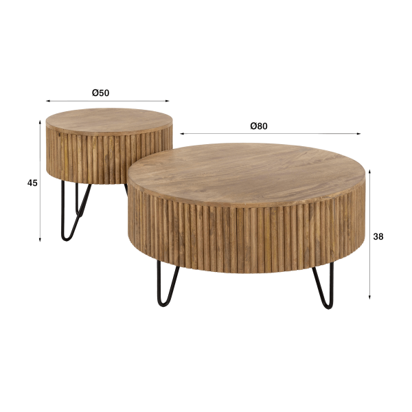Table de salon ronde en bois massif de manguier (lot de 2) - Cresco
