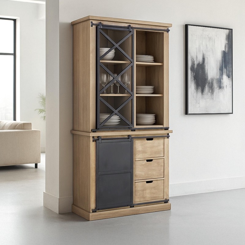 Vaisselier en bois massif de style industriel 100 cm - Detroit