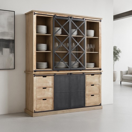 Vaisselier en bois massif de style industriel 180 cm - Detroit