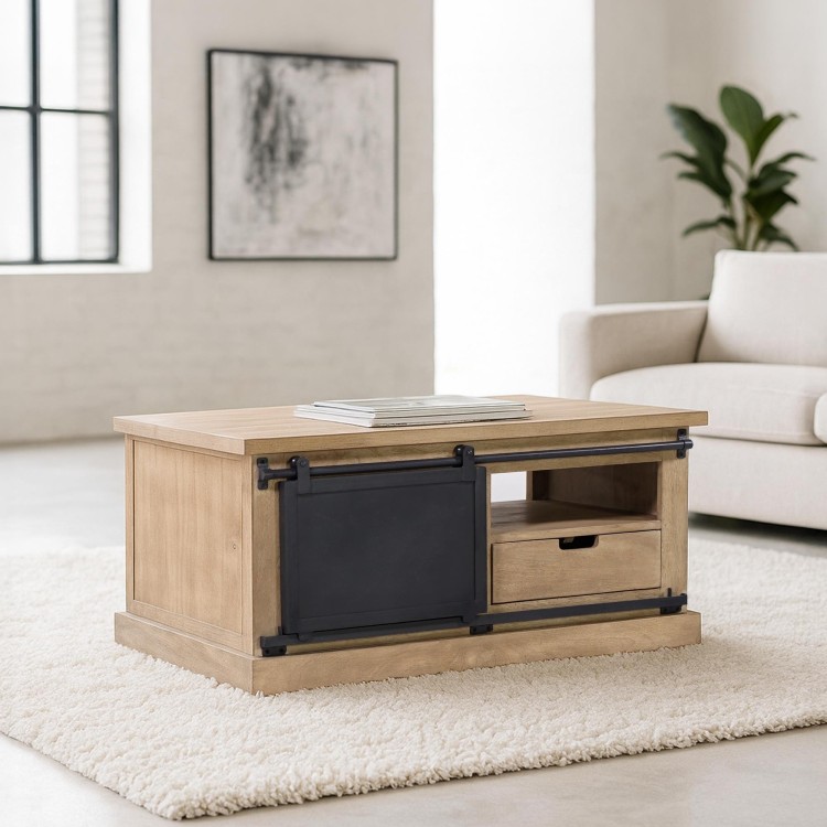 Table basse bois massif et métal de style industriel - Detroit