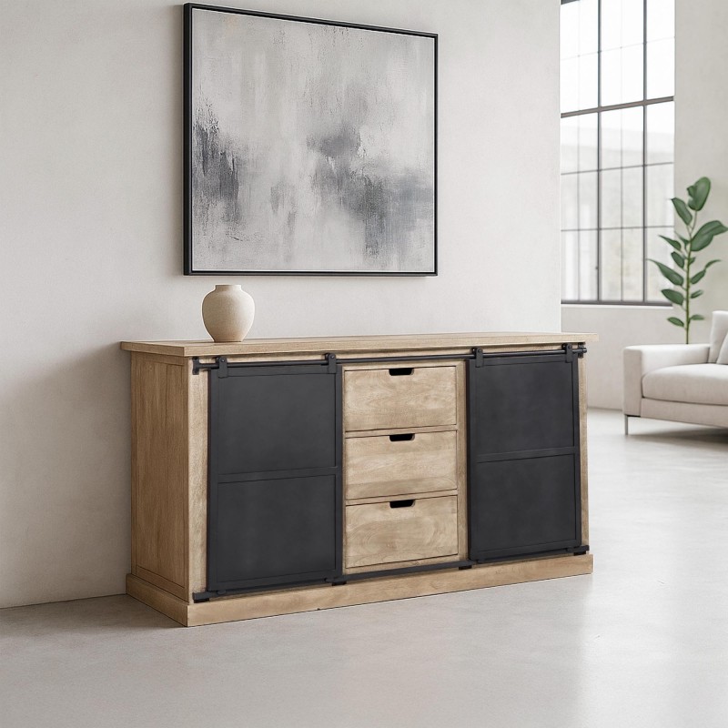 Buffet style industriel​ en bois massif et métal 150 cm - Detroit